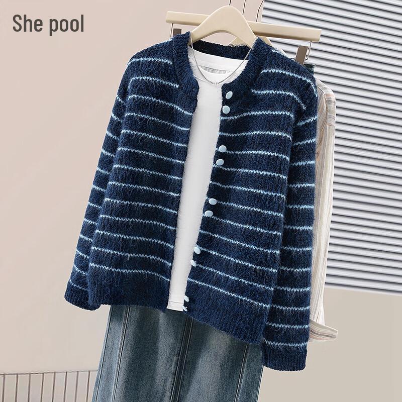 

Женский полосатый вязаный кардиган из смесовой шерсти с круглым вырезом One Size