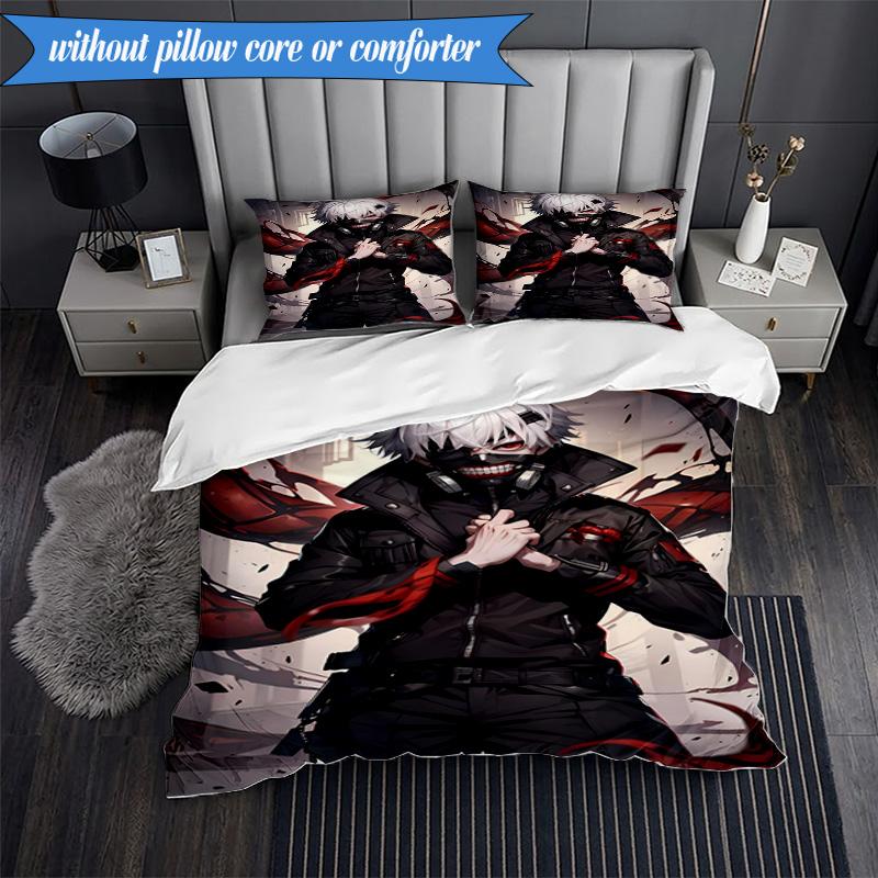 3PCS Tokyo Ghoul Masked Mystery Bedding Set 2D Printing (Includes 1 Duvet Cover + 2 Pillowcases Coreless), Bedroom decor,Fan gift