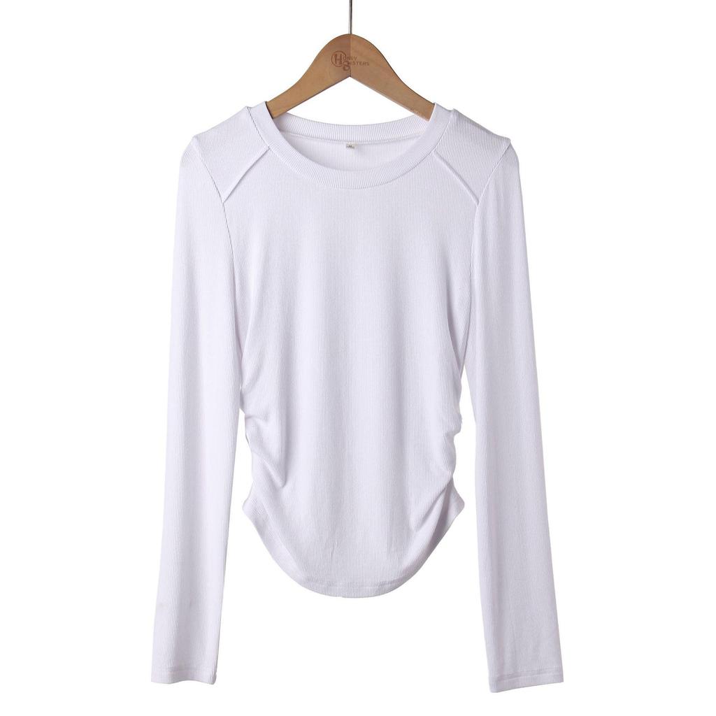 Ribbed Waist-Cinch Slim-Fit Round Neck Long-Sleeve Top for Women - Autumn/Winter Collection