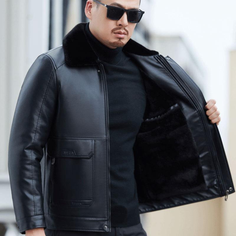 Giacca da Uomo in Pelle e Pelliccia Integrata, Giacca Casual con Revers da Uomo di Mezza Età, Nuova Giacca in Montone Ispessita, Abbigliamento Invernale da Uomo