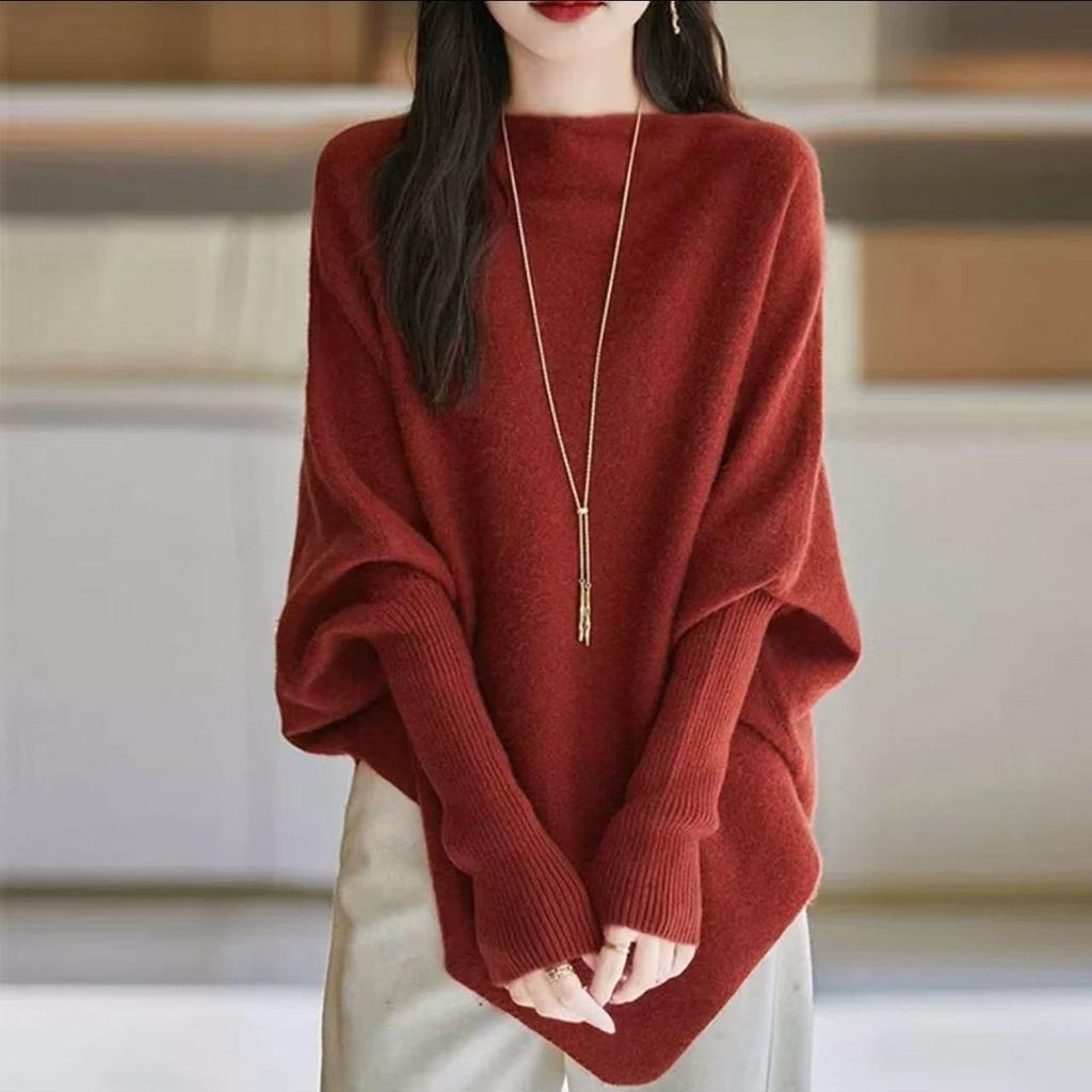 Women's Thin Knitted Batwing Sweater Loose Boat Neck Irregular Sweater Autumn Winter Soft Stretchy Knitted Top