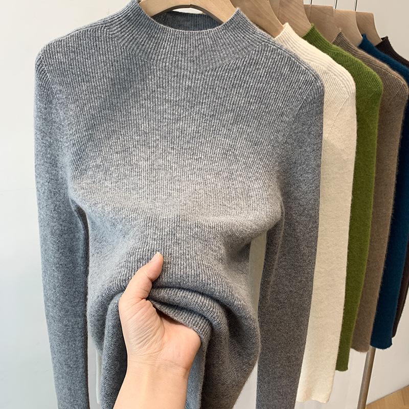 Autumn and winter 100% soft waxy wool sweater women's semi-turtleneck white inner knitted bottoming shirt slim temperament medium neck sweater