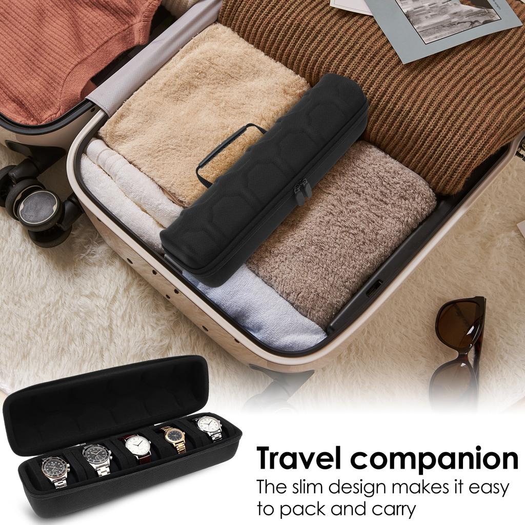 5-Slot Watch Case Universal Watch Carrying Case with Zipper Portable Watch Storage Travel and Display Case for Men and Women