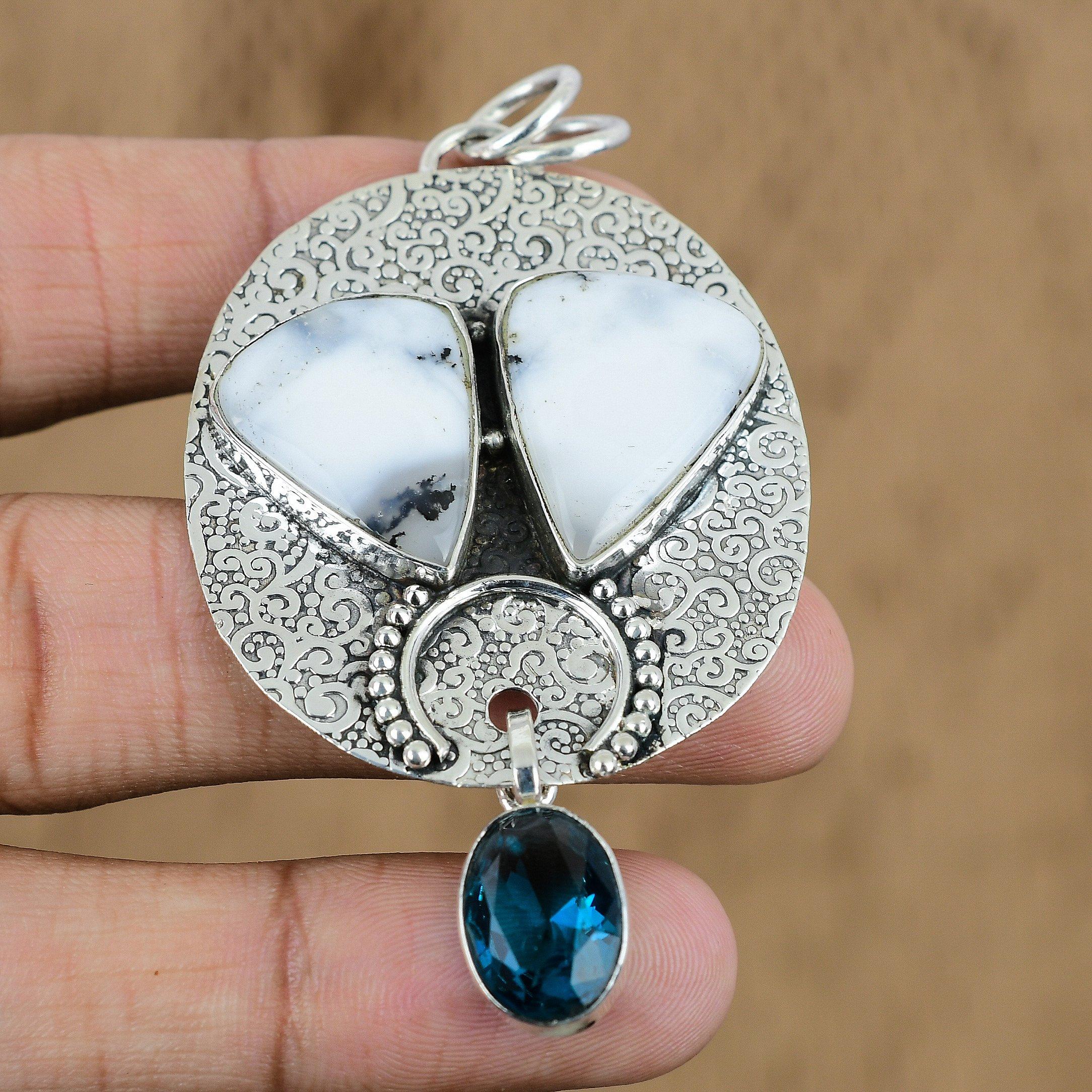 

Dendrite Opal Stone Swiss Blue Topaz Wedding New Pendant Jewelry Sterling Silver