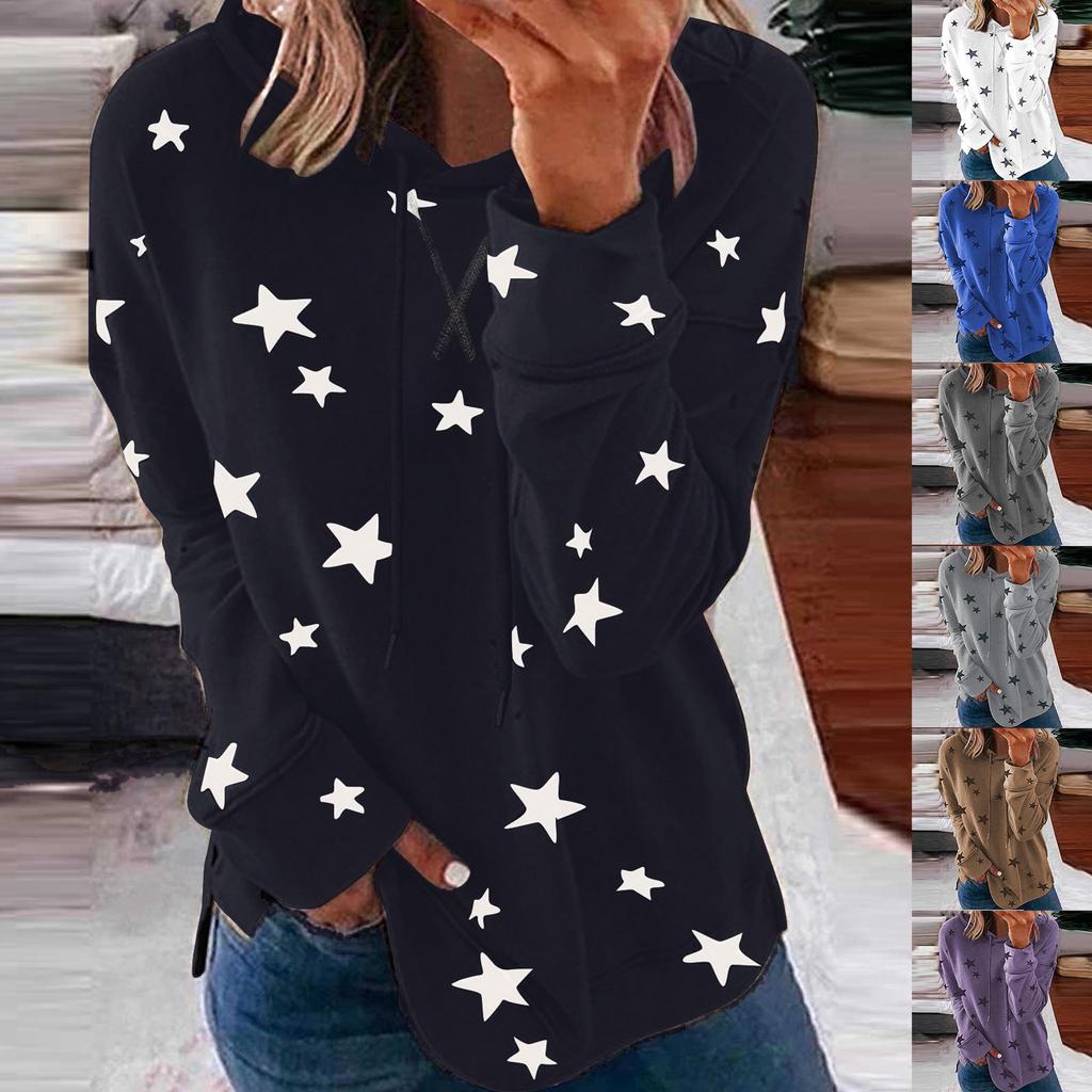 Women Fashion Hooded Star Print Patchwork Long Sleeves Tops Blouse Sweatshirt