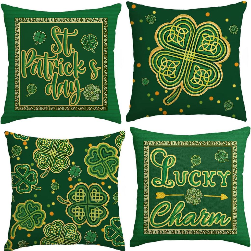 St. Patrick's Day Pillow Cover Line Printed Pillow Cover Green Four-leaf Crocodile Cushion Cover