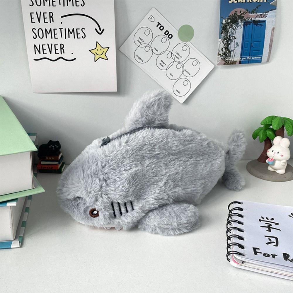 Big Shark Cartoon Pencil Bag Open Mouth Fluffy Pencil Bag Plush Pencil Bag  Stationery