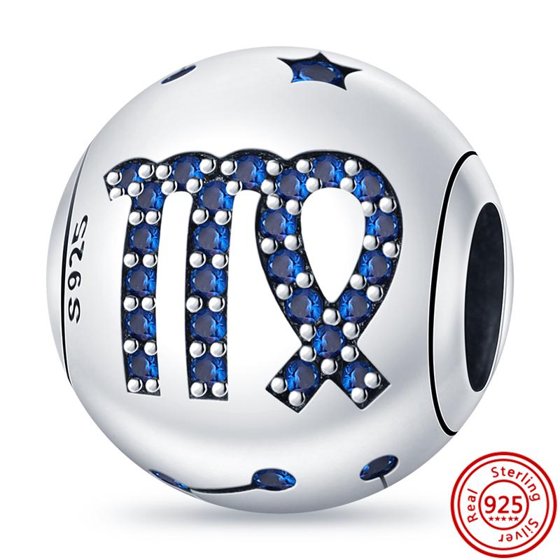 S925 Sterling Silver Blue Zircon Stars 12 Constellation Shiny Round DIY Beads Fit Original  Charms Bracelet Luxury Jewelry