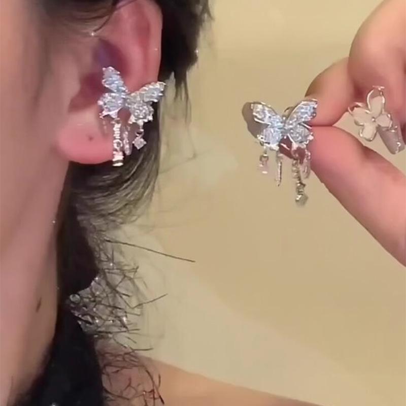 Butterfly Tassel Zircon Ear Clip – No Piercing, Versatile Luxury Earring Accessory for Women