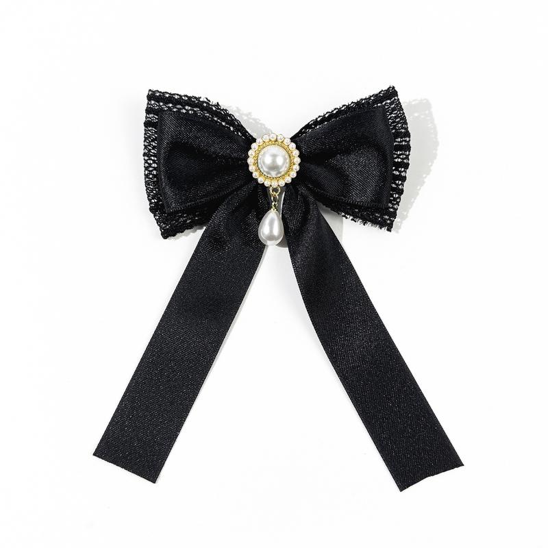 Schwarze Spitze Satinband Perlen Schleife Brosche Krawatte College Stil Damen Hemdkragen Pin Kleidung Dekoration Zubehör