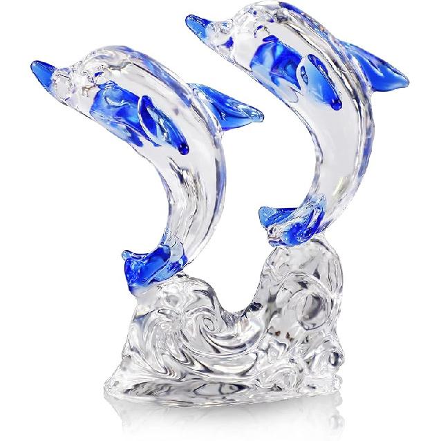 H&D HYALINE & DORA Double Crystal Glass Dolphins Figurines Collectibles, Sea Animal Sculpture Statue, Home Desk Decoration Ornaments