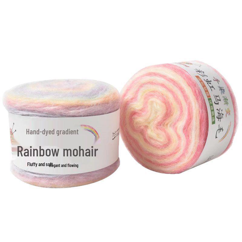 Hand-Dyed Gradient Rainbow Mohair Yarn - Fluffy, Soft, and Perfect for Knitting and DIY Projects.