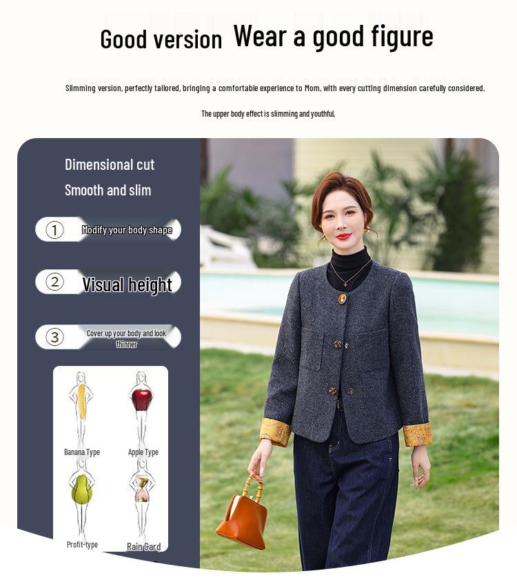 Elegant Woolen Coat for Mothers: Chic Autumn/Winter & Spring Style for Middle-Aged Women