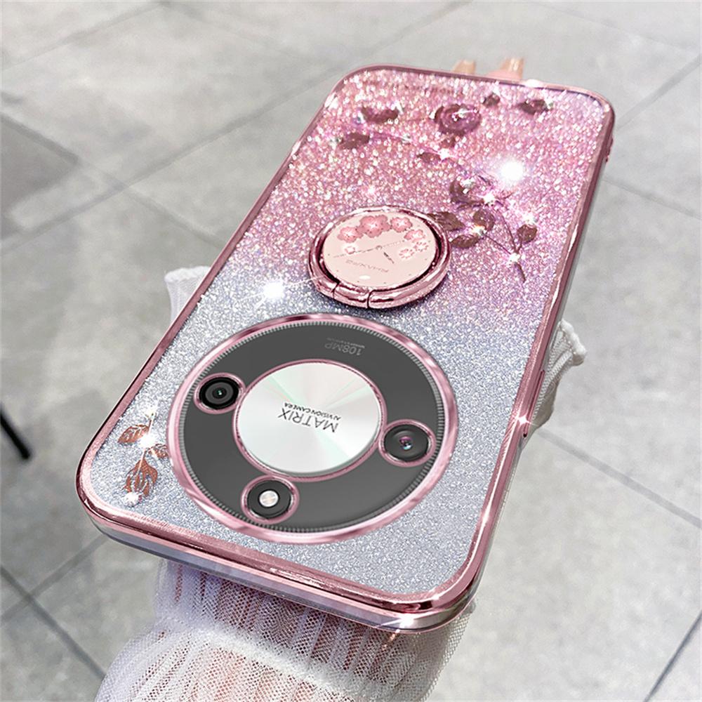 For Honor X60 5G Case Ring Kickstand TPU Flowers Phone Cover Gradient Glitter