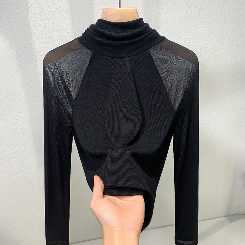 

Черная водолазка сетчатая рубашка для женщин с длинными рукавами новая весенняя тонкая модель нижнего белья модный топ, замедляющий старение 3XL чёрный