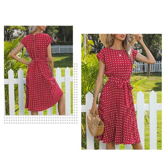 Women Polka Dot Print Midi Dress Crewneck Short Sleeve A-line Dress with Belt Summer