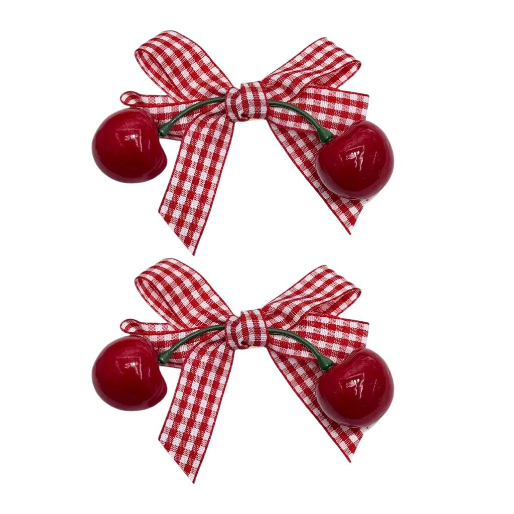 Pack of 2 Checked Bows Cherry Hair Clip with Metal Teeh Grip NonSlip Lovely Barrettes for Girls Women Everyday Wear