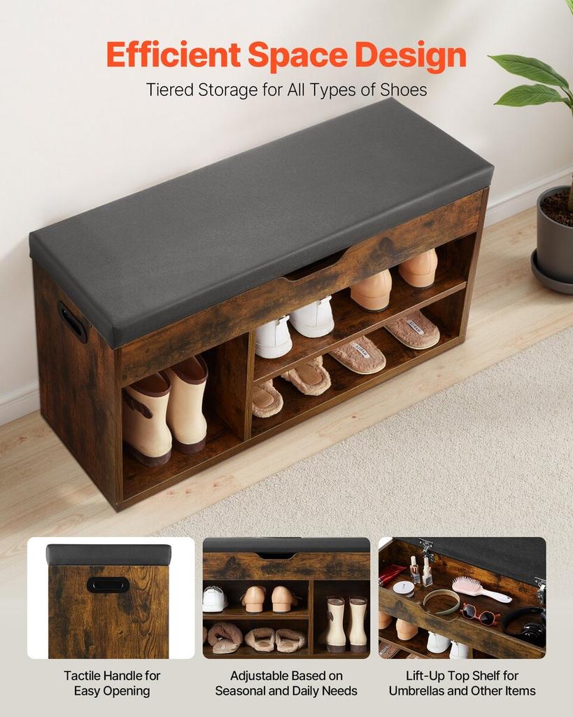 Eingangsbereich Schuhbank, 805 x 305 x 445 mm Schuhaufbewahrungs-Organizer mit verstecktem Klappdeckel-Stauraum, Bank mit 300 lbs Tragkraft, Polstersitz und 3 Schränken für