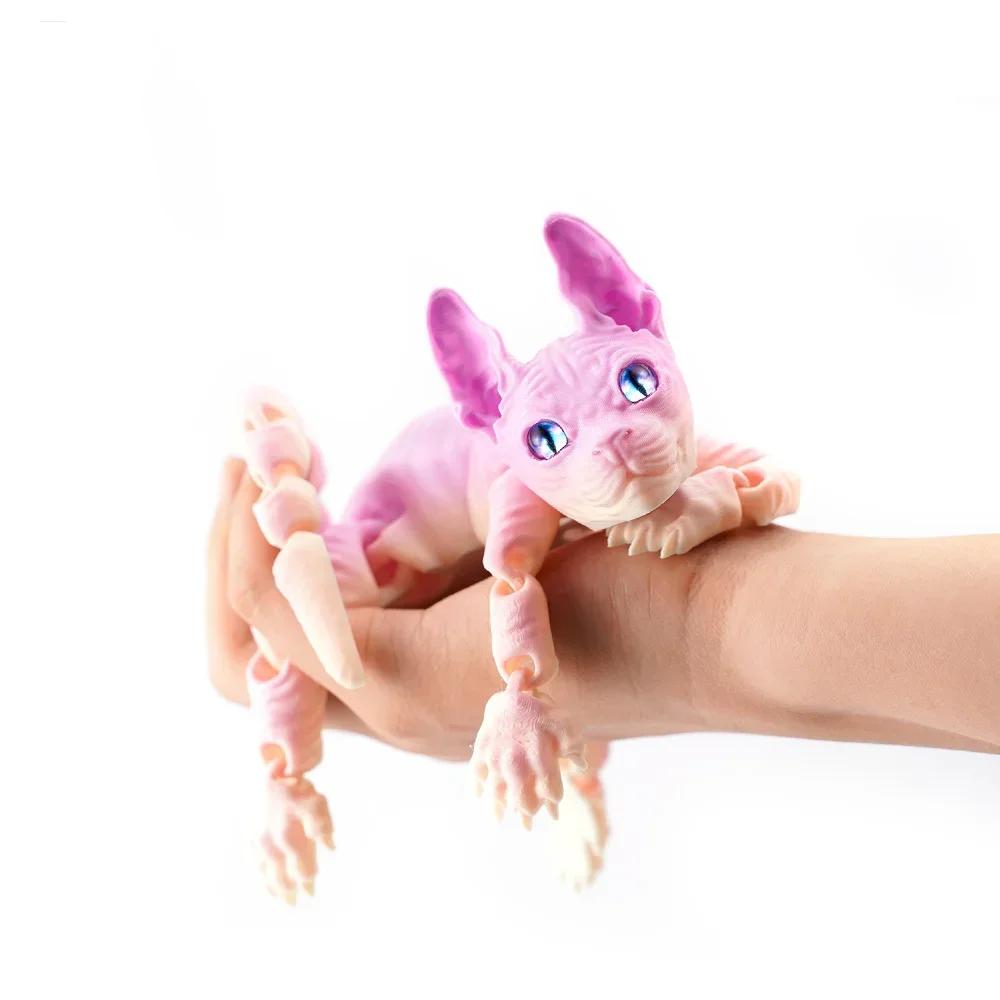 3D Tištěná Kočka Sphynx Zvířata Hračka Realistická Bezsrstá Figurka Kloubová Kočka Fidget Hračka pro Milovníky Koček Sběratel Domácí Dekorace