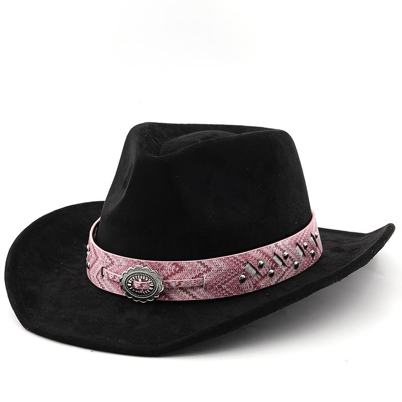 Cool Hat Women's Coffee Suede Men's And Pink Belt Western Wide Brim Cowboy Hat Top Hat 56-58Cm