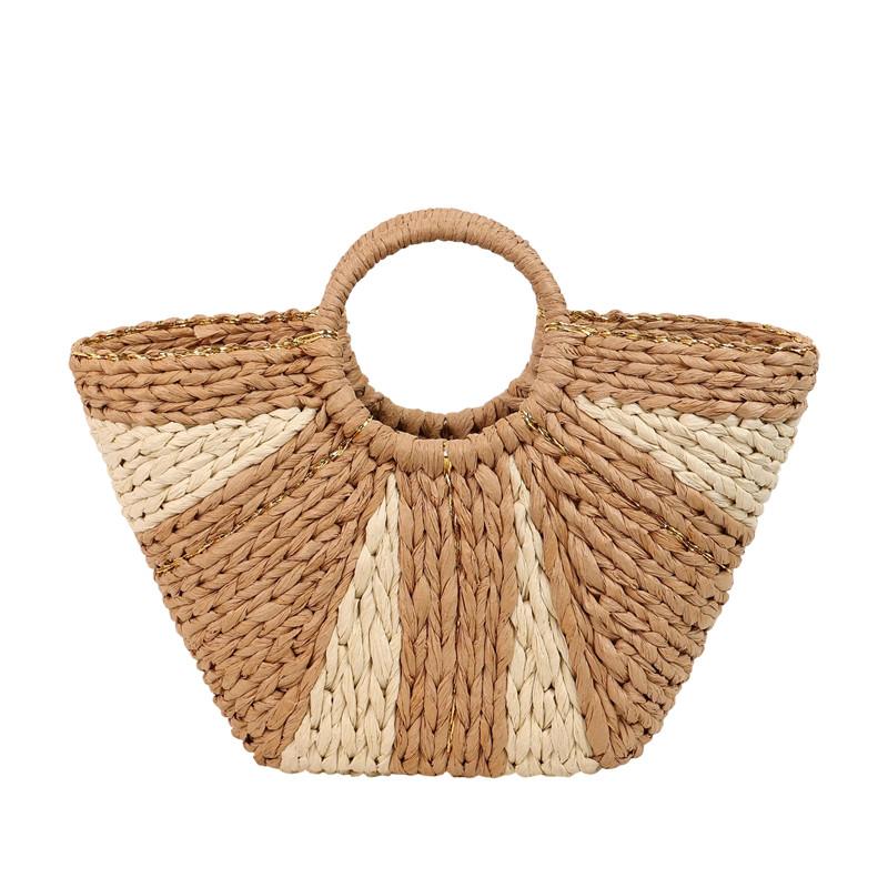 Straw Handbags Handwoven Beach Top-Handle Bags Hollow Out Stripe Tote Hand Bags Large Capacity Half-Moon Bag for Vacation Travel