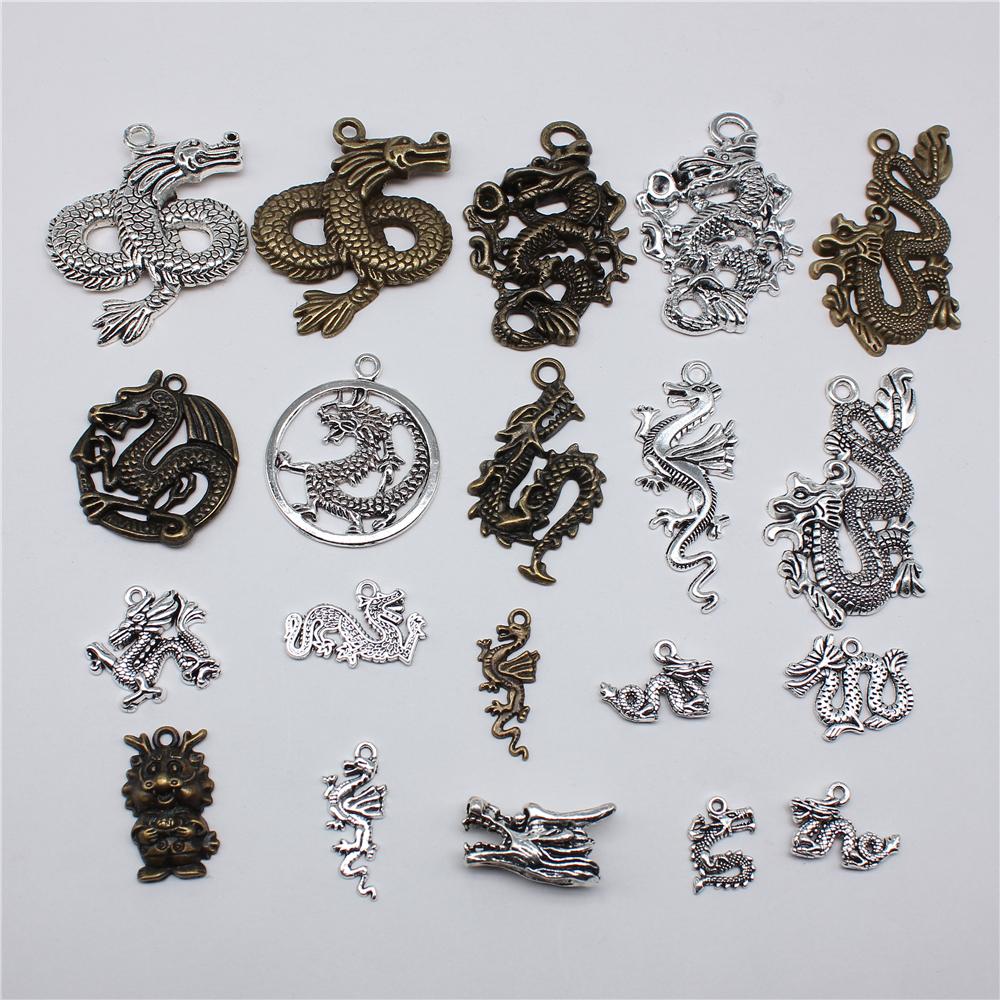10pcs Charms Dragon Tibetan Bronze Silver Color Pendants Antique Jewelry Making DIY Handmade Craft