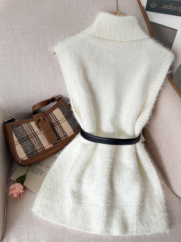 High-End Weißer Strick-Damenweste mit hohem Kragen und Lagen für Herbst und Winter