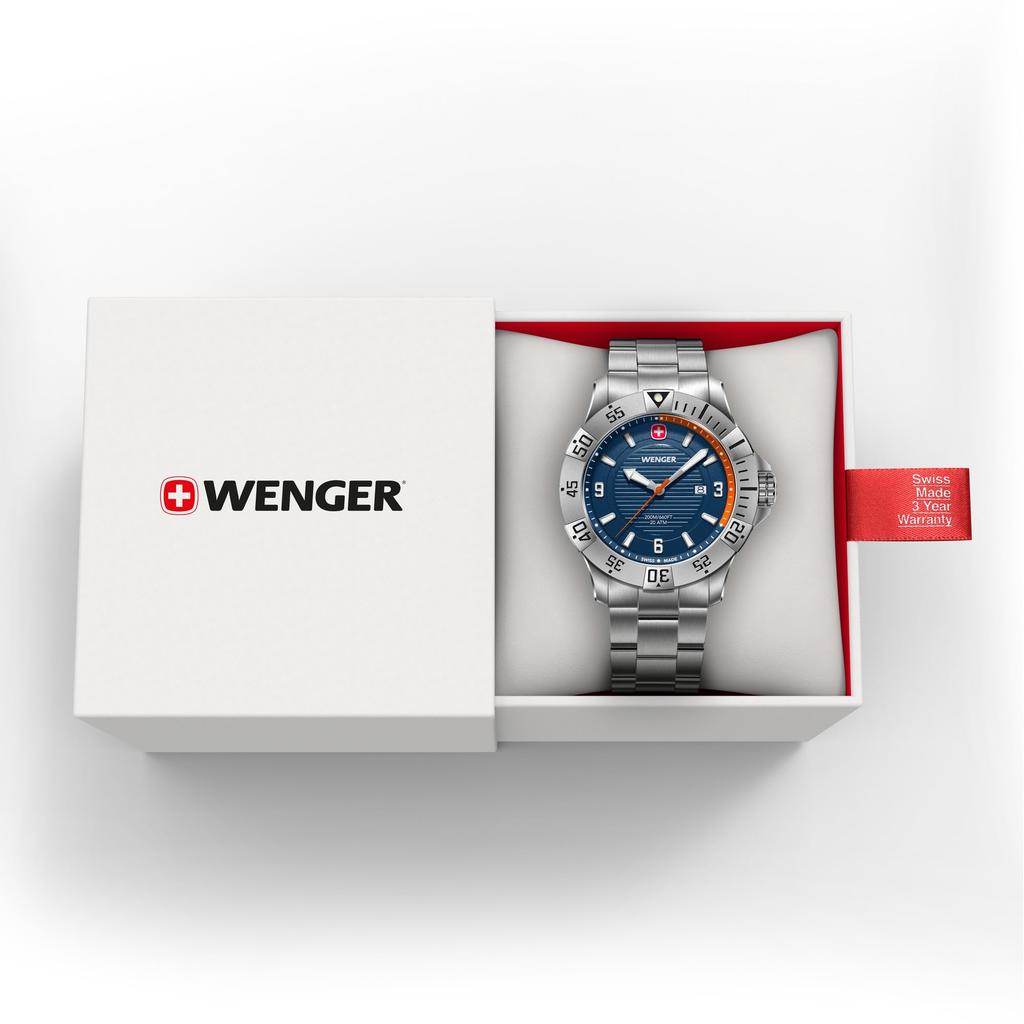 WENGER SEAFORCE Uhr Quarz Analog Edelstahlgehäuse Blaues Zifferblatt Edelstahlarmband 200m Wasserdicht 3 Jahre Garantie Geschenk Blau Herren