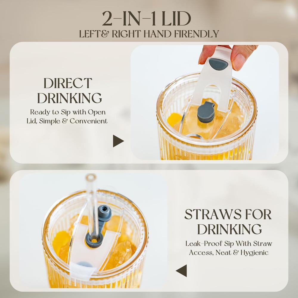 Glass Tumblers with Straws and Lids, Ribbed Iced Coffee Cups Leak-proof, Dishwasher Safe, Thickened Glass Cups with Lids