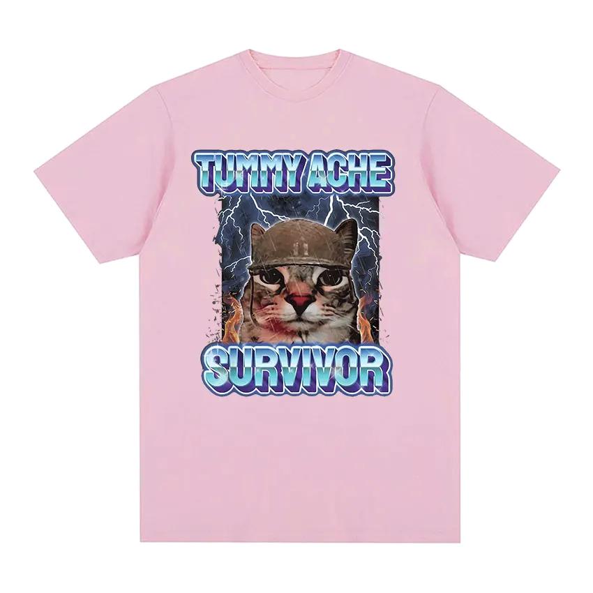 Vintage Tummy Ache Survivor Funny Cat Meme Printed Tee Shirt Women Clothing Fashion Short Sleeve T-shirt Casual Clothing