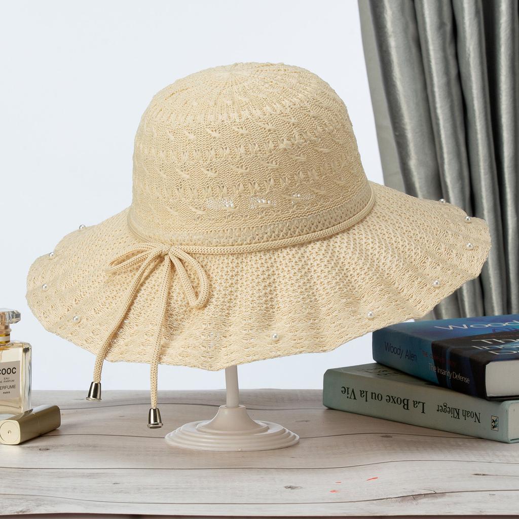 Foldable Women's Summer Hat, Beach Hat, Outdoor Grass Hat for Beach Travel, Sun Shading and Sun Protection, Bow Shaped Sun Hat