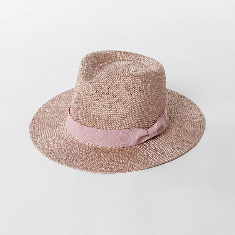 Natural grass woven wide brimmed jazz hat with bow and ribbon for sun protection and sunshade grass hat