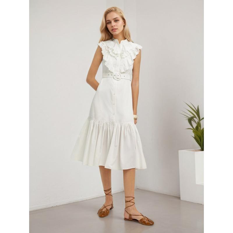 

Женское французское элегантное летнее платье с оборками, круглым вырезом, однобортное, с поясом XL белый