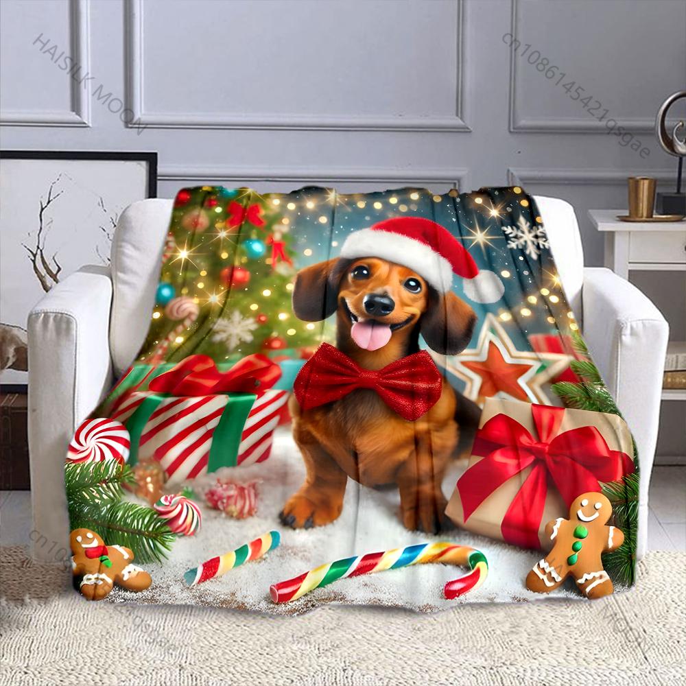 Multi-size Christmas-themed Dachshund Pattern Blanket Flannel Material Soft Warm for All Seasons Home Outdoor Camping Picnics RV