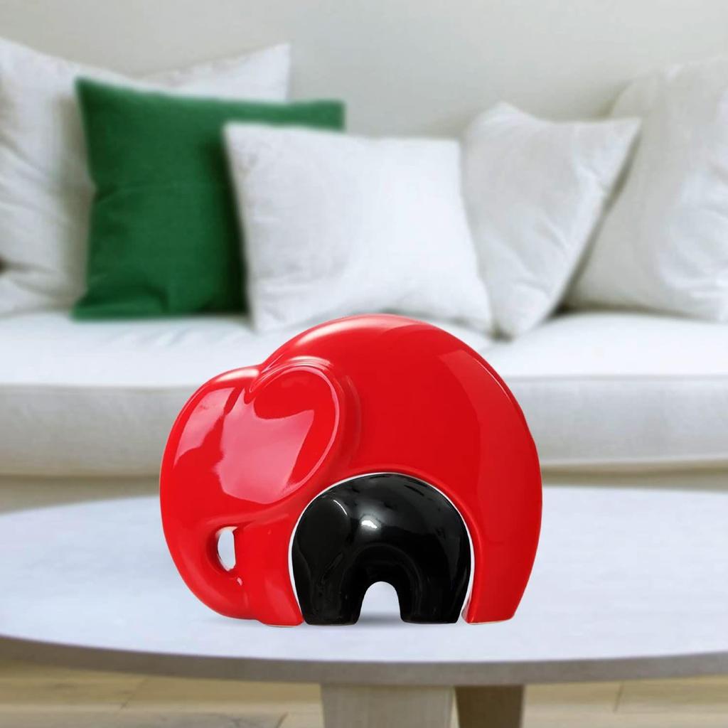 Home Décor Lucky Charm Elephant Mother & Child | Piano Finish Ceramic Figures - (Set of 2 Piece, Red and Black)