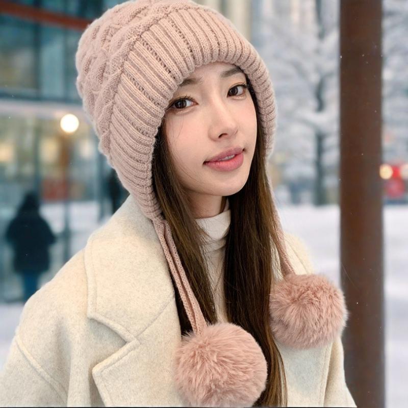 

Ленивый ветер утолщенная двухслойная защита ушей и холодостойкая шапка из кроличьего меха с тремя меховыми помпонами плюс бархатная защита лица вязаная шапка M