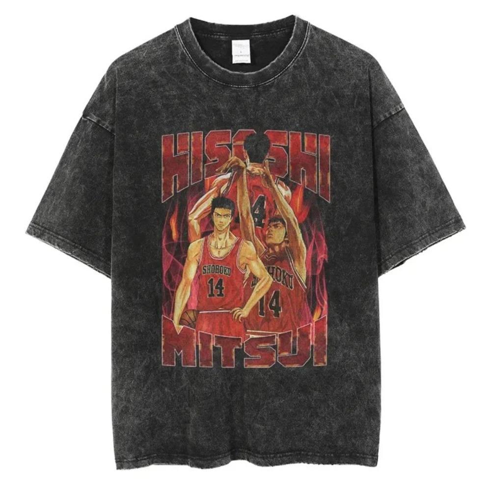 Oversized Washed Black Short-Sleeve T-Shirt Featuring Slam Dunk Haruko Akagi Female Version Sakuragi Hanamichi Anime Graphic