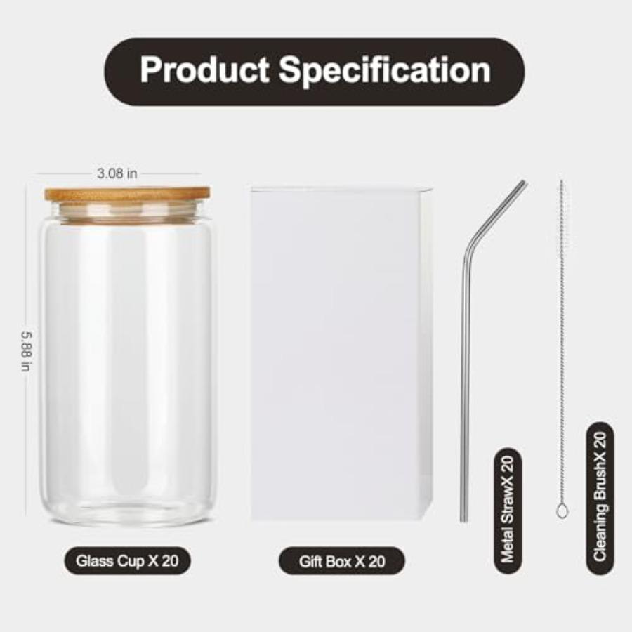 20Pcs Glass Cups With Bamboo Lids and Straws, 16Oz Ice Coffee Cup, Drinking Glasses Cups Set, Water Bottles Glasses for Juicing