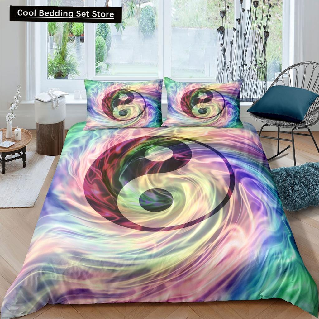 Yin Yang King Queen Duvet Cover Mandala Bohemian Bedding Set Retro Lotus Tai Chi Bagua Comforter Cover Chinoiserie Quilt Cover