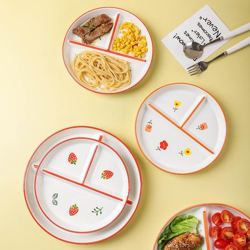 Simple Grid Plate Home Breakfast Plate Children's Ceramic Cartoon Plates Quantitative Weight Loss Three Grid Divided Rice Plates