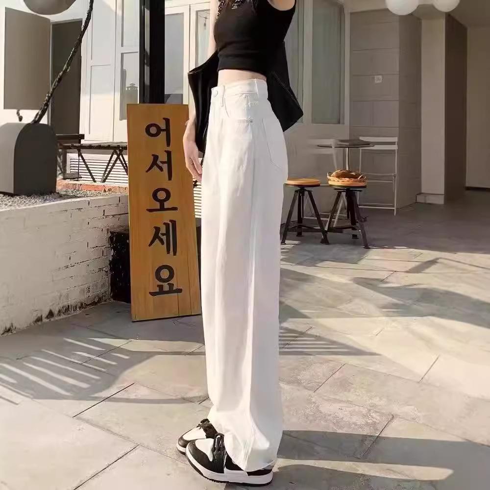 Women's White Wide-Leg High-Waisted Floor-Length Jeans - Summer 2024 Slimming Loose Fit