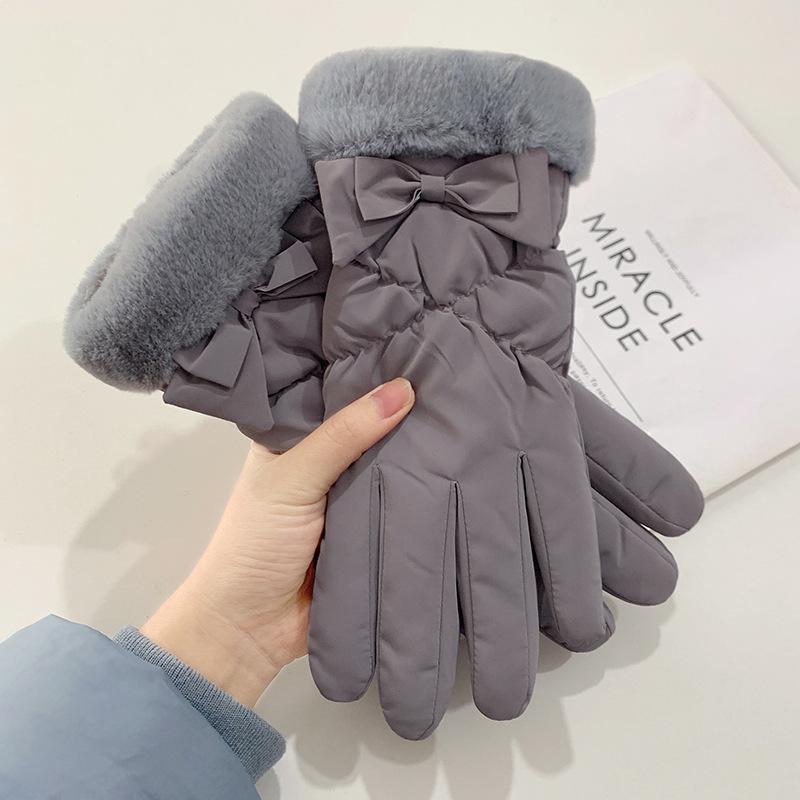 Bow Warm Gloves Fashionable and Versatile Women's Winter Plus Velvet Thickened Touch Screen Riding and Comfortable for Skin