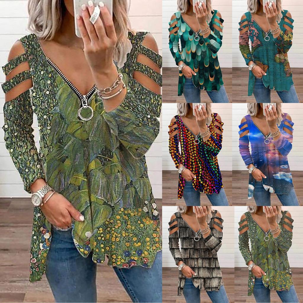 Women Casual Fashion Printed Zipper Long-sleeved V-neck T-shirt Top Blouse