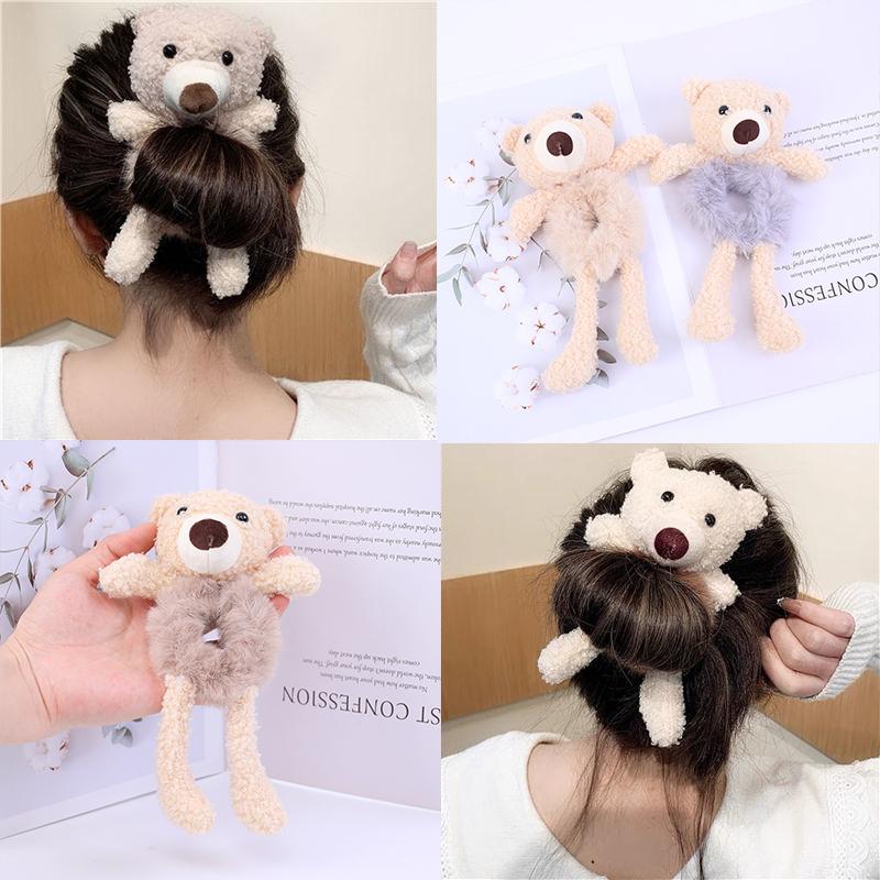 Women Faux Fur Ball Scrunchies Cute Cartoon 3D Bear Hairband Elastic Hair Rope Bands Ties Ponytail Holder Girls Hair Accessories