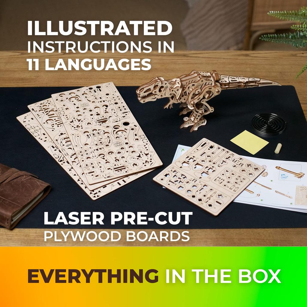 Ugears Tyrannosaurus Wooden No Glue or Tools 3D Dinosaur Wooden Assembly Advanced Puzzle, Moving, Required, Puzzle, Model, Adult, Kit,