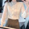 Stand Yaka Şifon Dantel Gömlek Kadın Uzun Kollu Slim Fit Üstler Kadın Tatlı Vintage Şık Bluz Ofis Bayan Düğmeli Gömlekler 24231