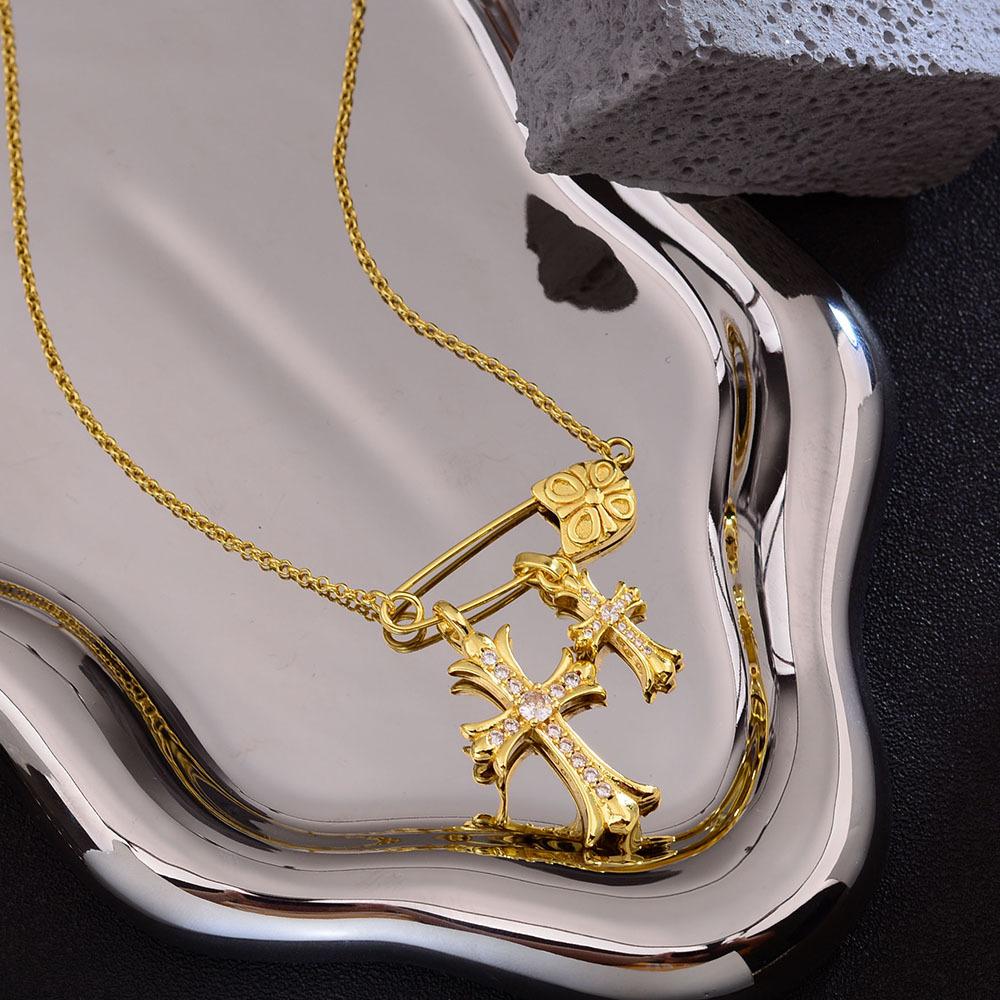 Pin Cross Pendant Necklace Niche Light Luxury High-End Flash Trading Zircon Paper Clip Clavicle Chain Accessories