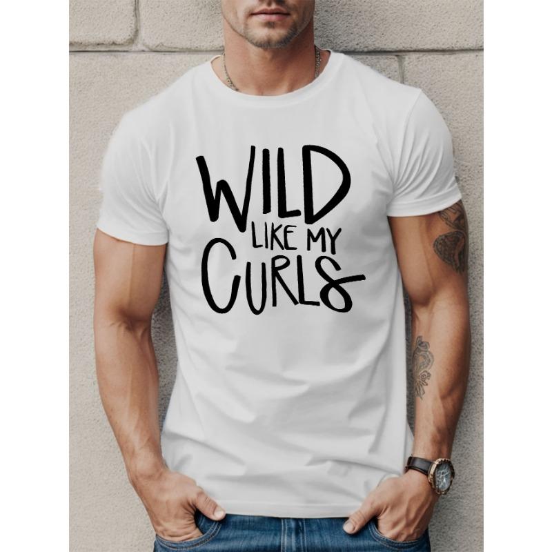 European sizes Wild Like My Curls Men's Short Sleeve T-Shirt - Curl, Casual Round Neck Summer Top with Curly Hair & Outdoor