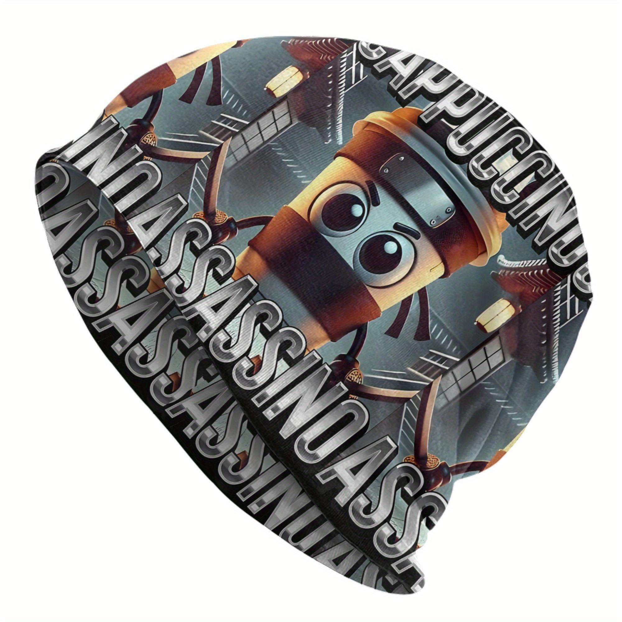 BIIHUDU Coffee Lovers Italian Brainrot Skullies Beanie  AssassinThemed Robot Barista Design with ASSASSINO Text Coffee Cup One Size
