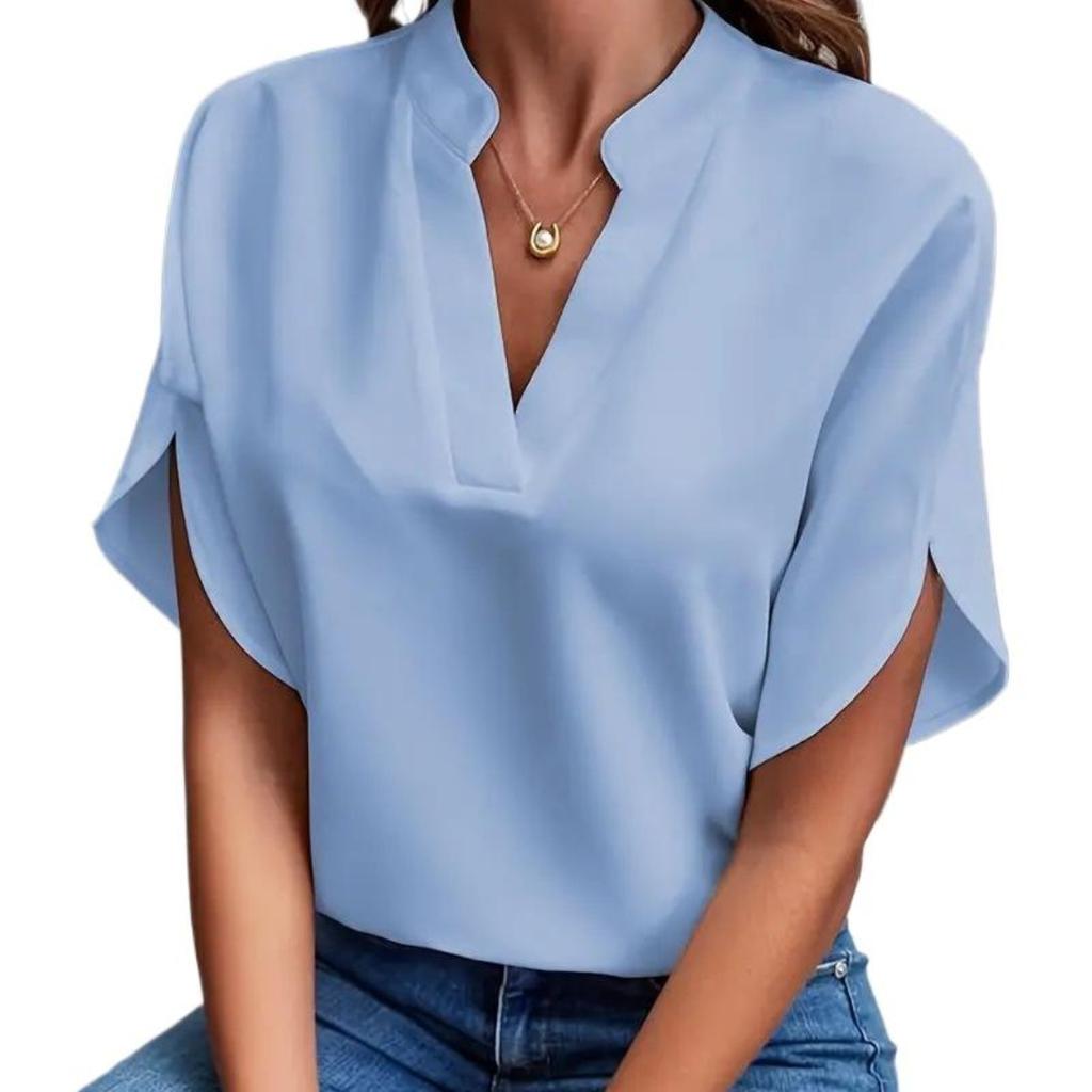 Women's Fashion Casual Summer Solid Color Print Short Sleeve V-Neck Blouses & Shirts EMA